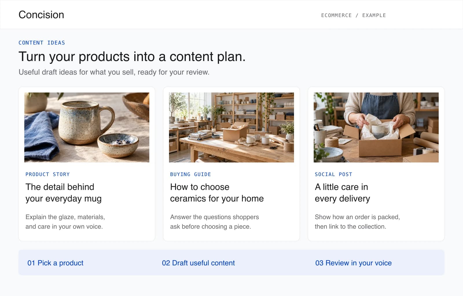 Example draft ideas for a product story, a buying guide, and a social post, ready for the store owner to review.