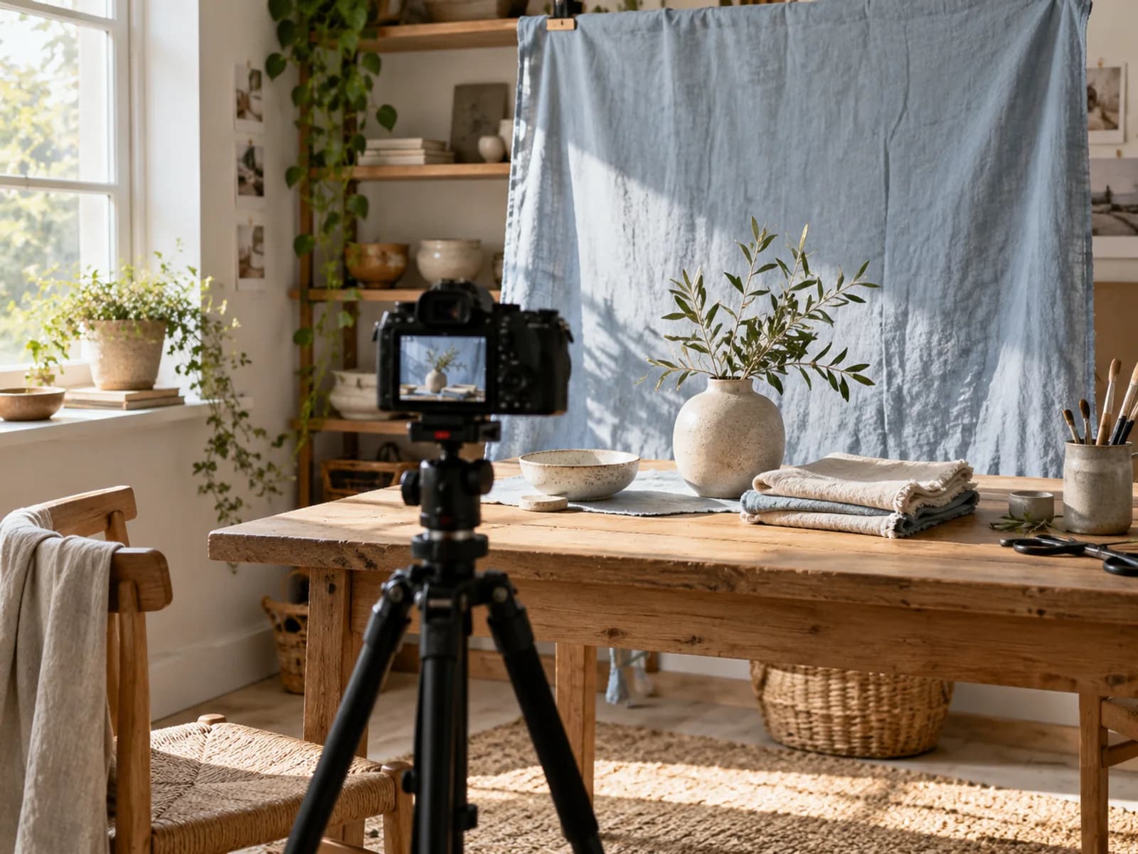 A small brand's product photography setup with a camera, ceramic vase, and folded linen.