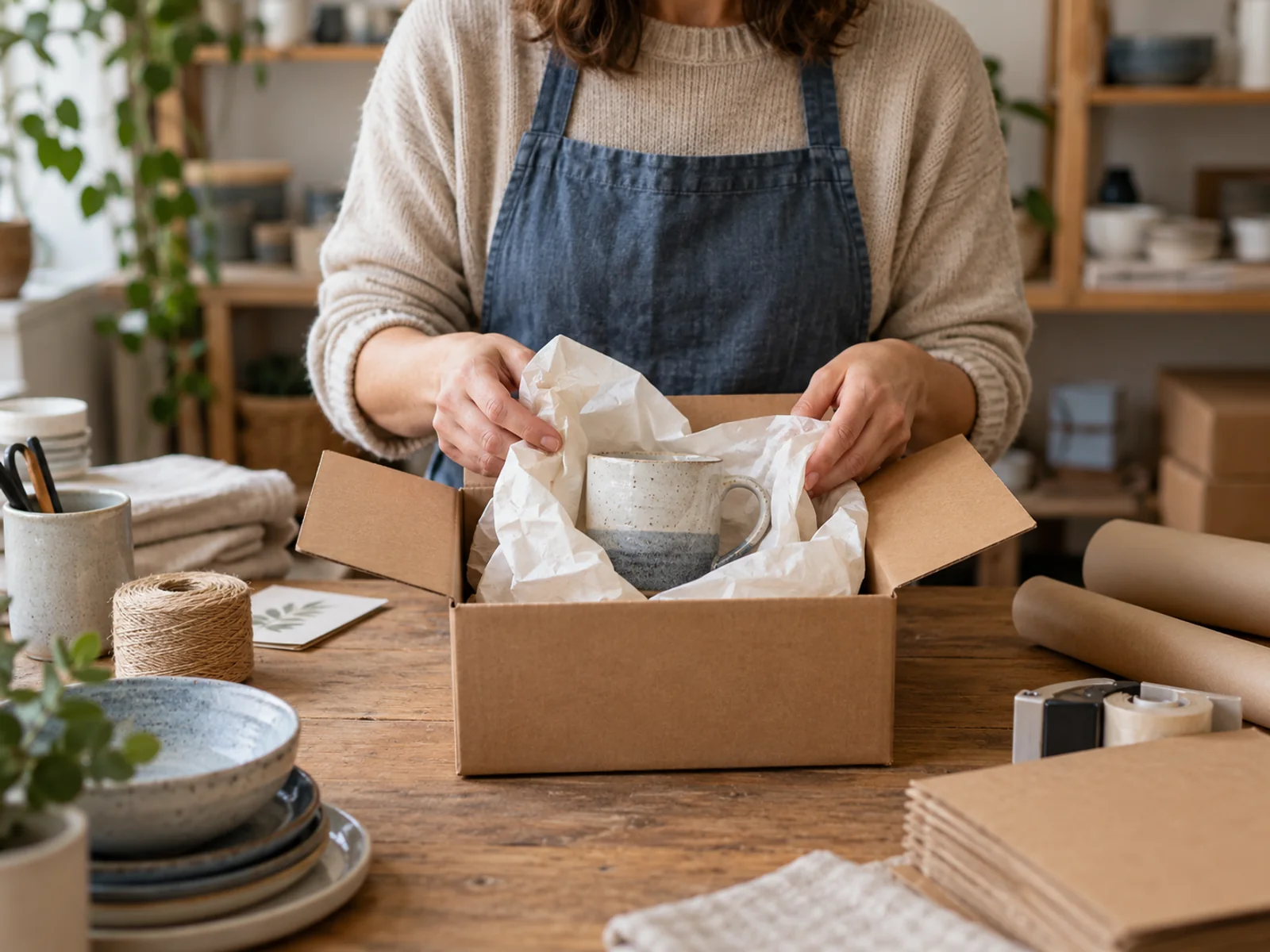 An online store owner wrapping a ceramic mug in tissue paper for a customer delivery.