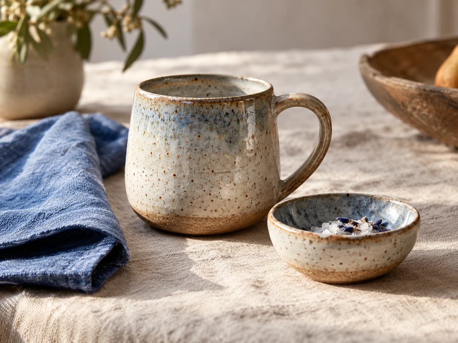 A handmade ceramic mug and bowl on natural linen, showing the glaze and material detail.