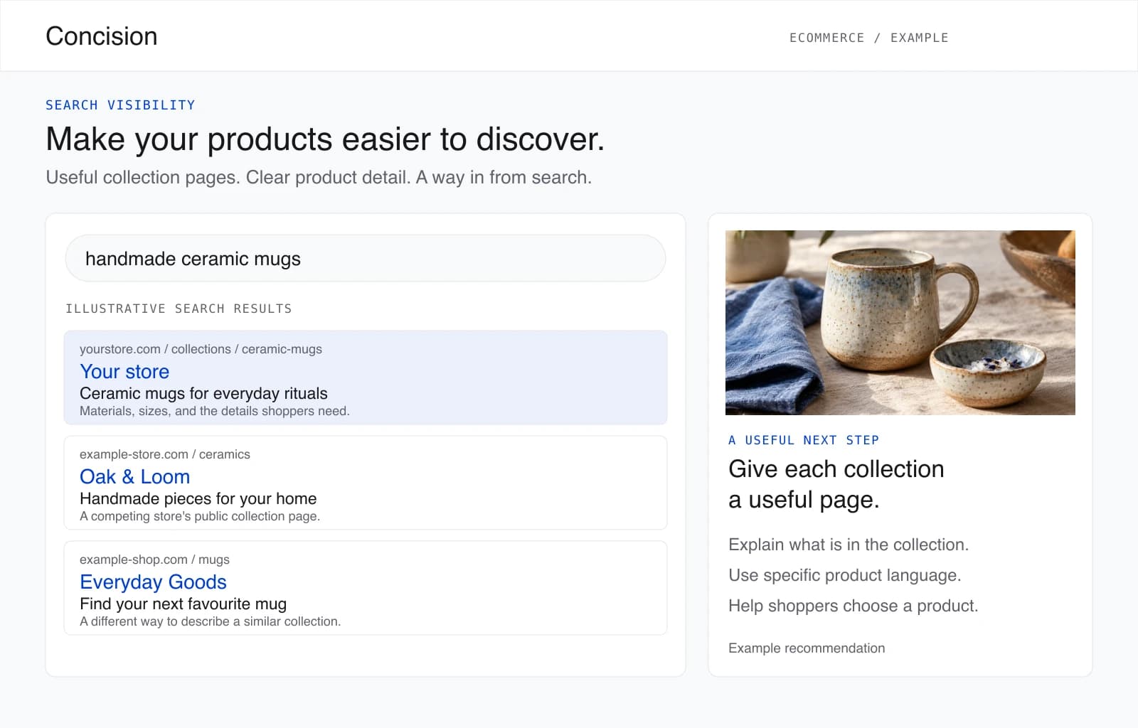 Illustrative product search results and a collection-page recommendation for an example homewares store.