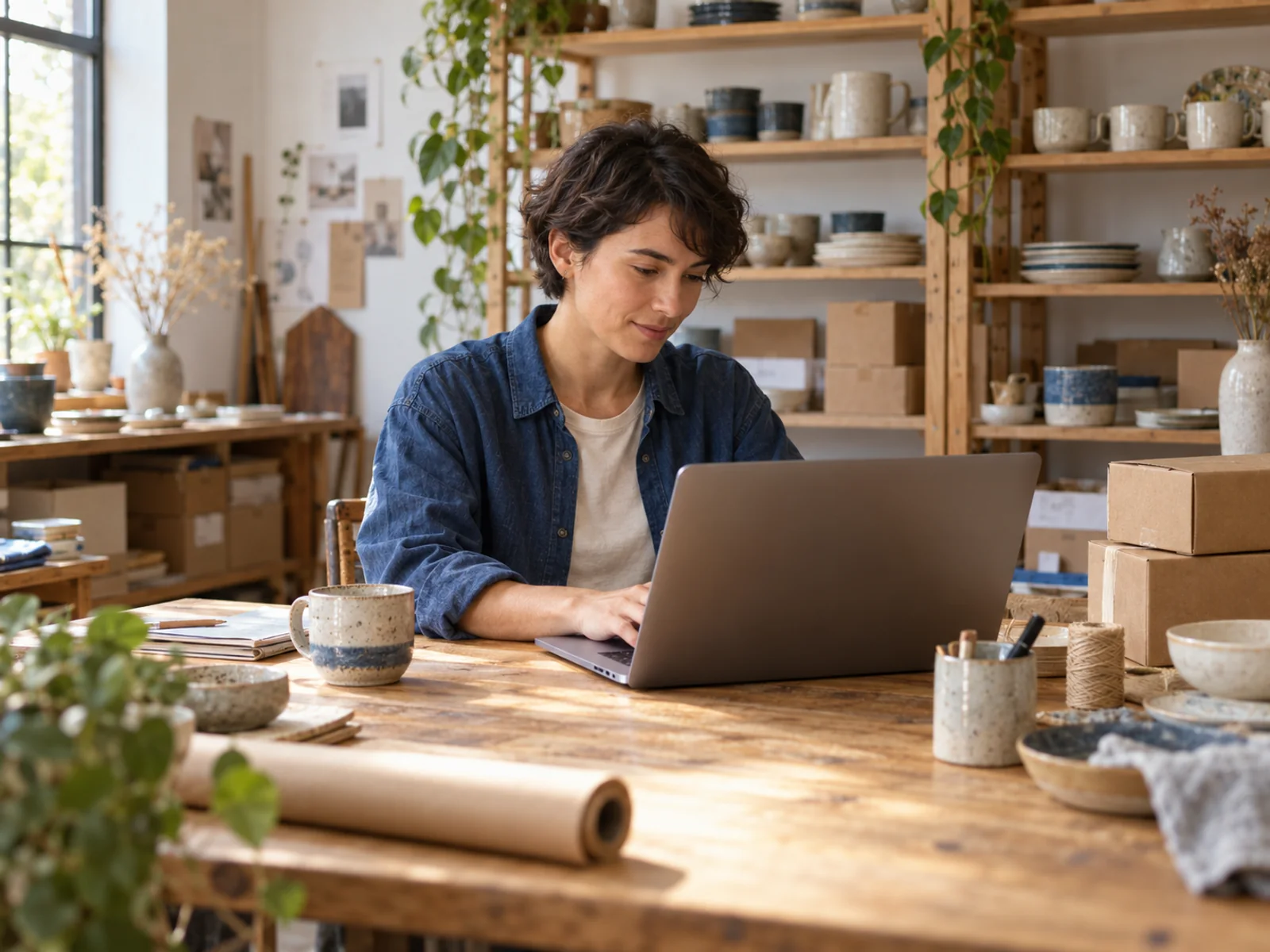 An independent online shop owner reviewing their work on a laptop in a homewares studio.