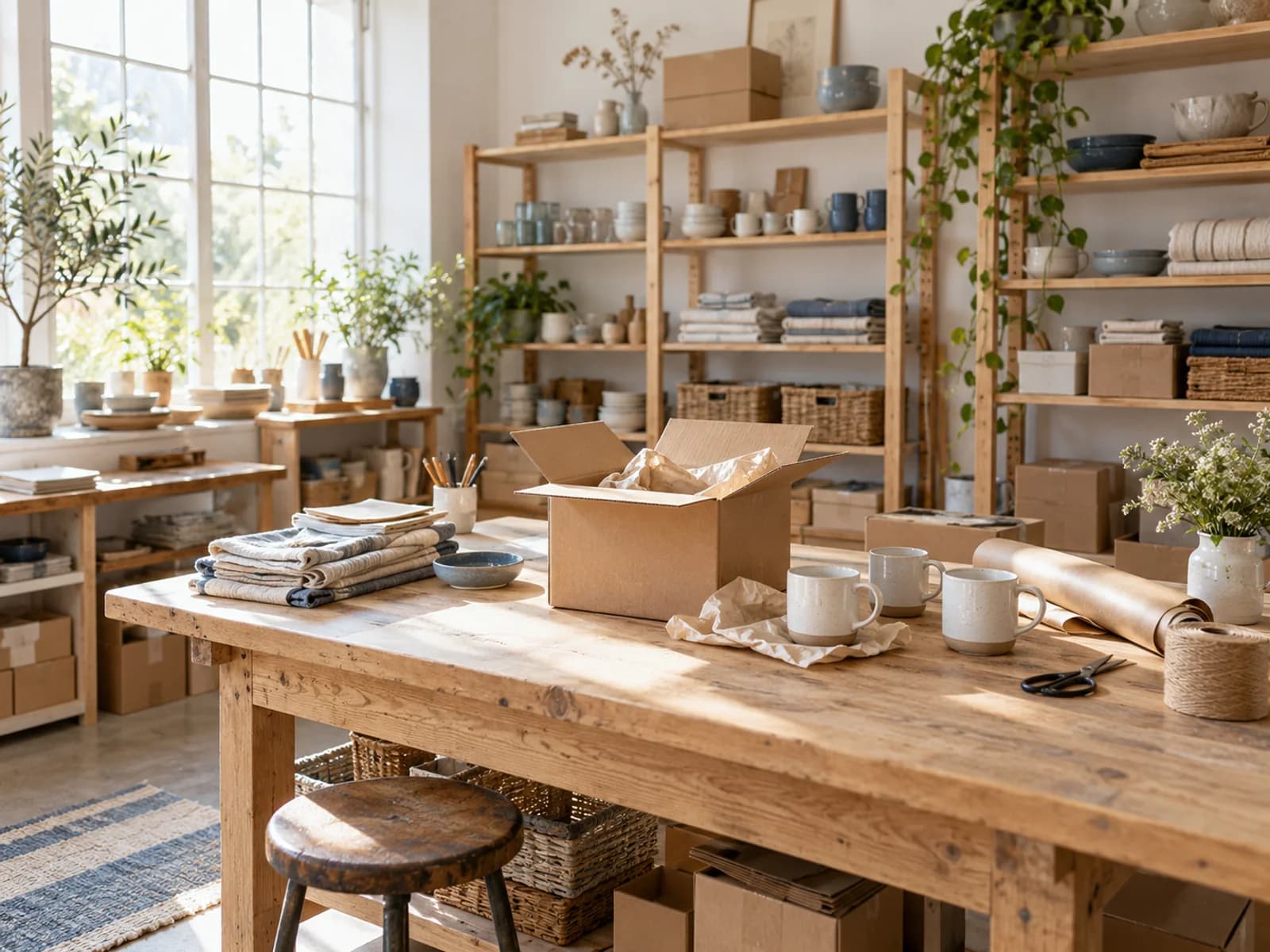 An independent online homewares store's studio with ceramics, linen, and shipping supplies.