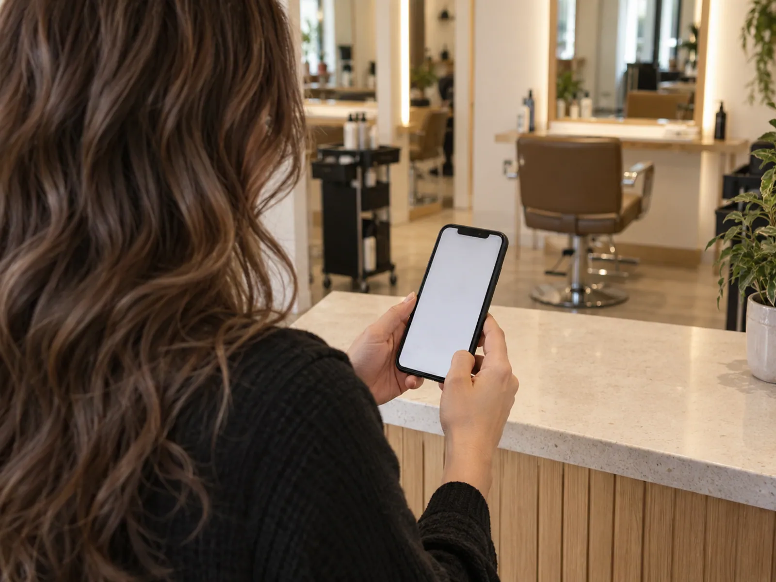 A client holding a phone at a hair salon reception.
