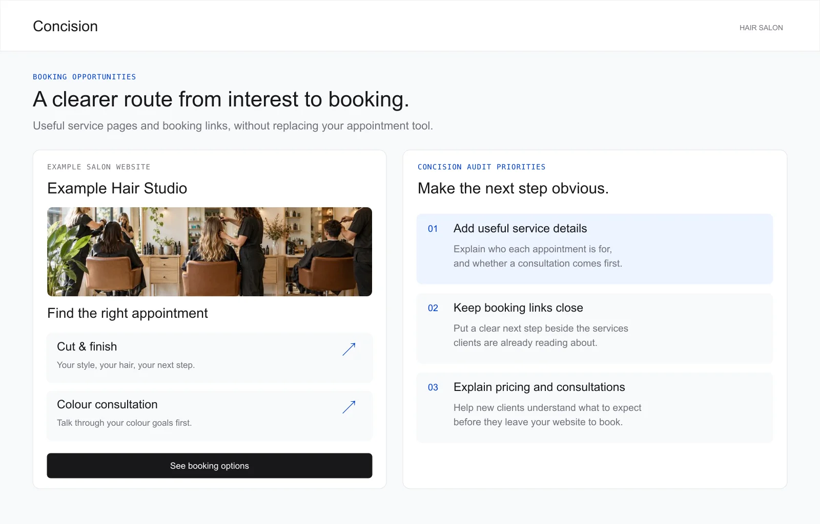 Example hair salon audit recommendations for clearer services and online booking links.