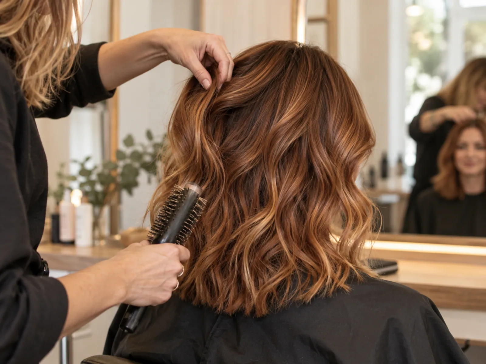 A stylist finishing copper balayage on a client's wavy hair.