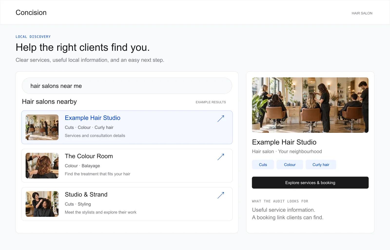 Example local search results for hair salons, highlighting service information and a booking link.