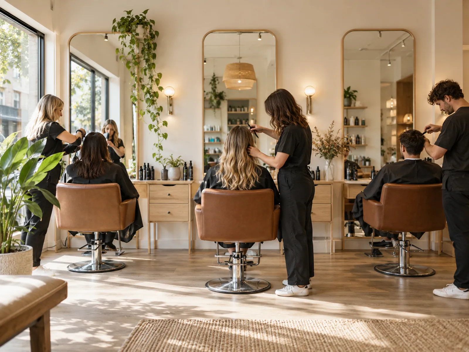 An inviting hair salon with styling chairs, tall mirrors, and natural light.