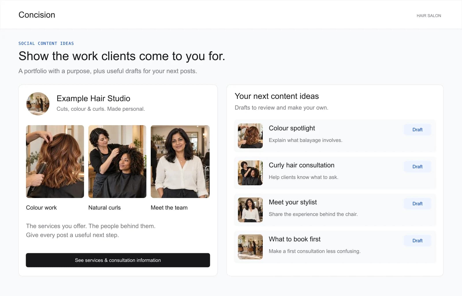 Example hair salon portfolio with draft post ideas for cuts, colour, and consultations.