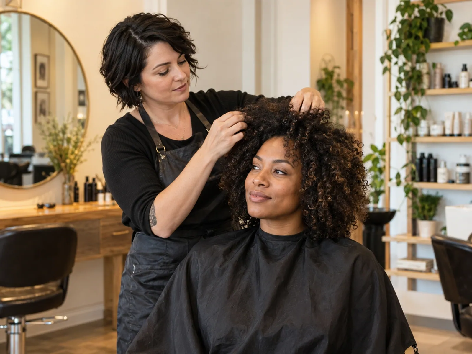 A hairstylist working with a client's natural curly hair.