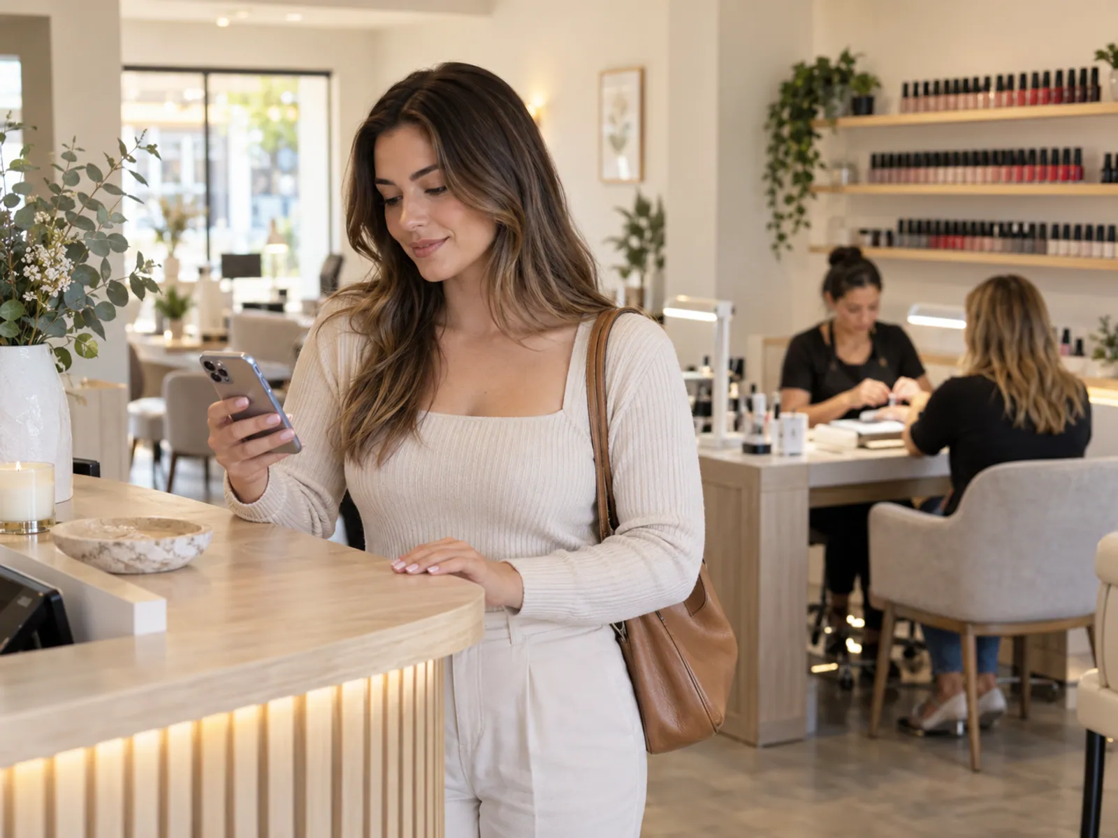 A client holding a phone at a nail salon reception.