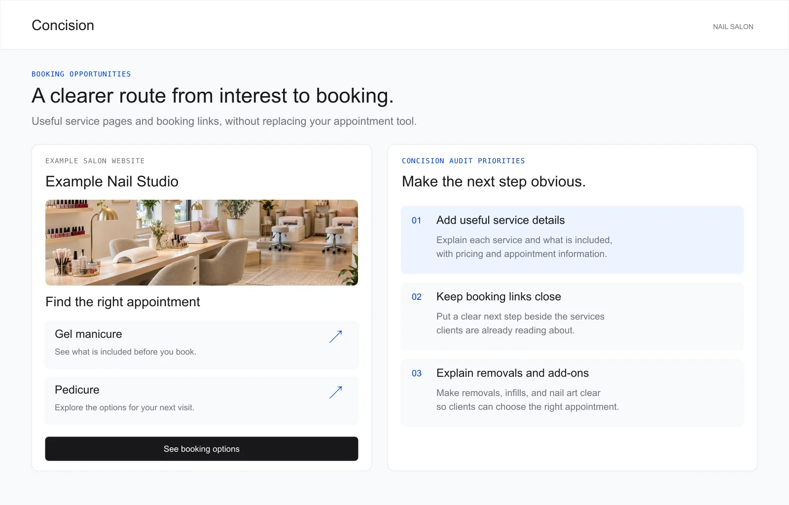 Example nail salon audit recommendations for clearer service choices and online booking links.