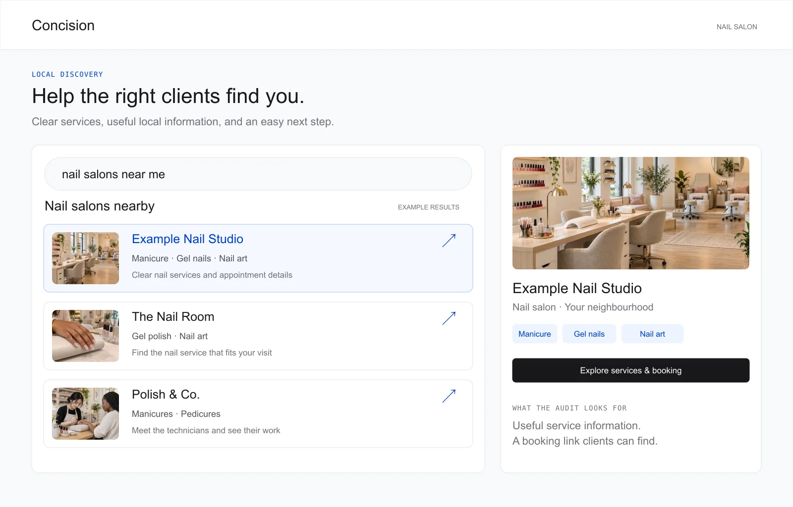 Example local search results for nail salons, highlighting service information and a booking link.