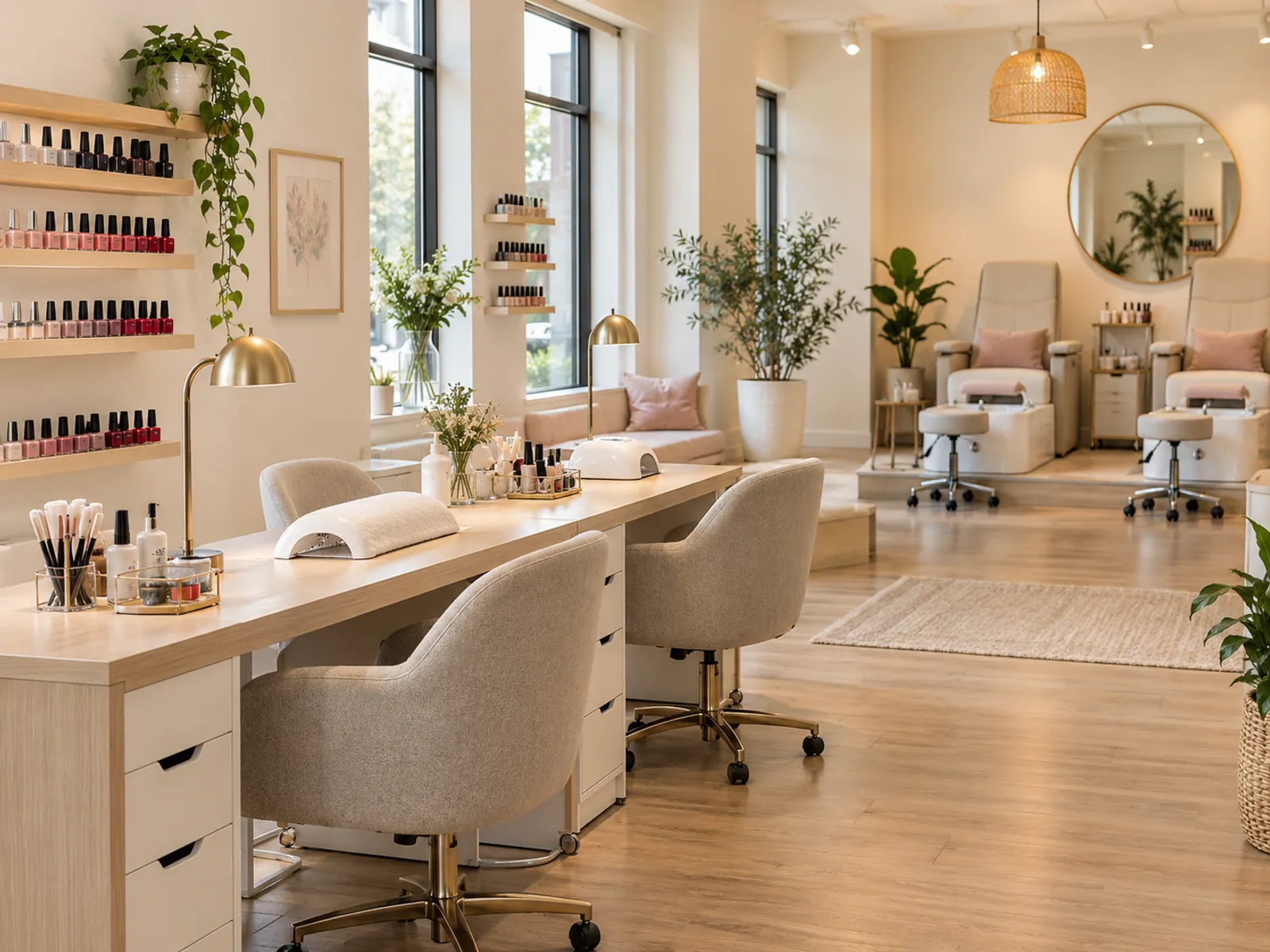 A light-filled nail salon with manicure desks, polish shelves, and pedicure chairs.