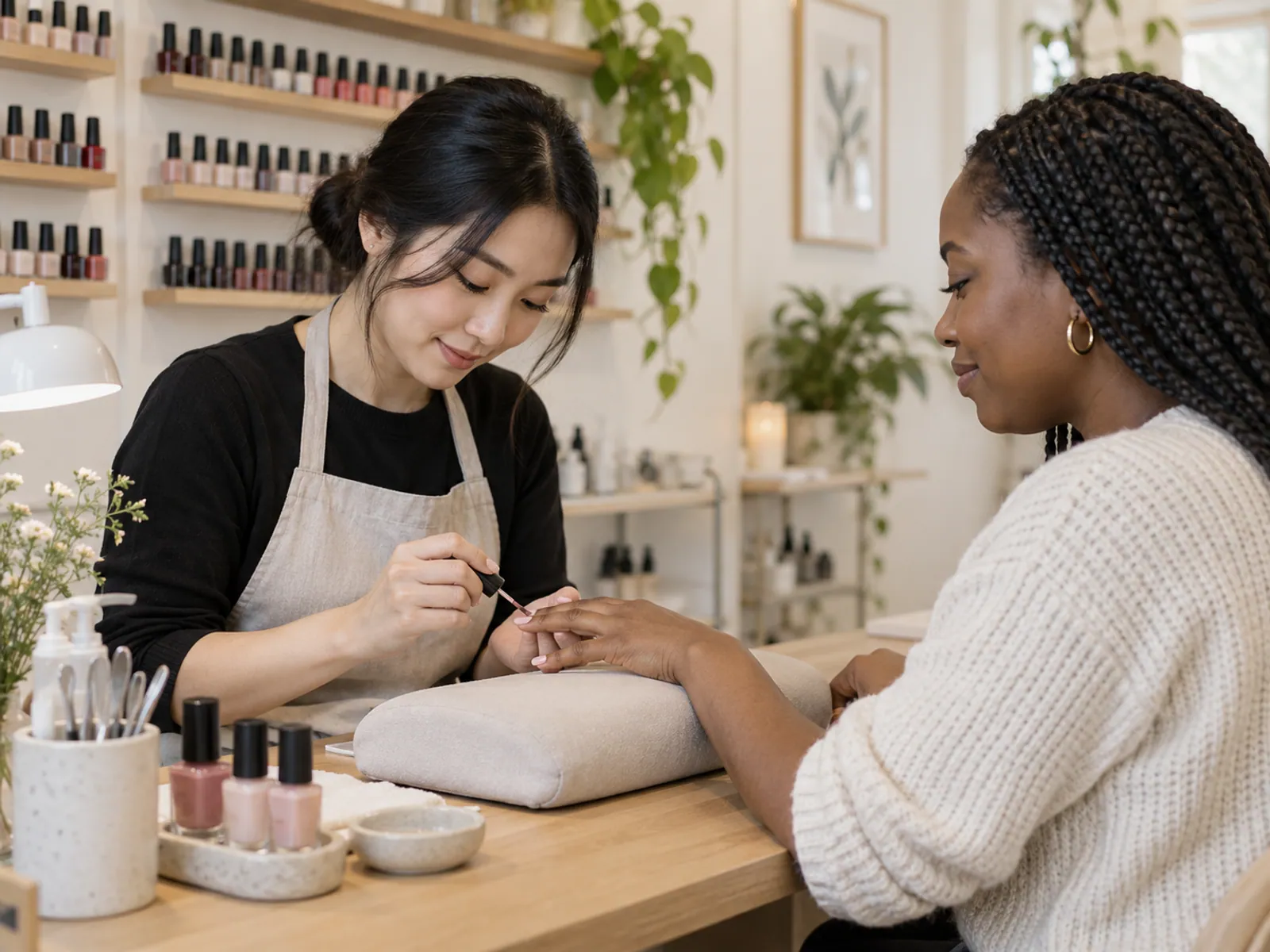 A nail technician applying polish to an adult client's nails at a manicure desk.