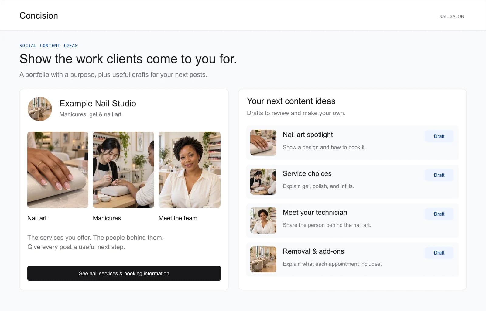 Example nail salon portfolio with draft post ideas for manicures, nail art, and service choices.